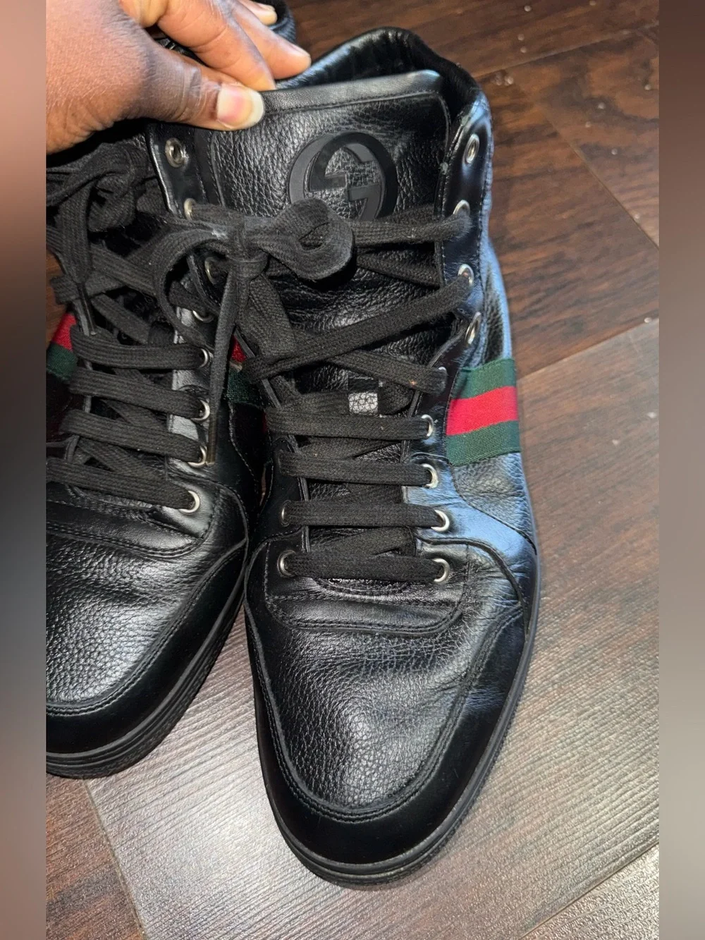 Gucci Black Leather High-Top Boots with Green and Red Web Stripe